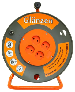 Удлинитель силовой на катушке GLANZEN 4 гн. ПВС 2х0,75 арт. ЕВ-50-001